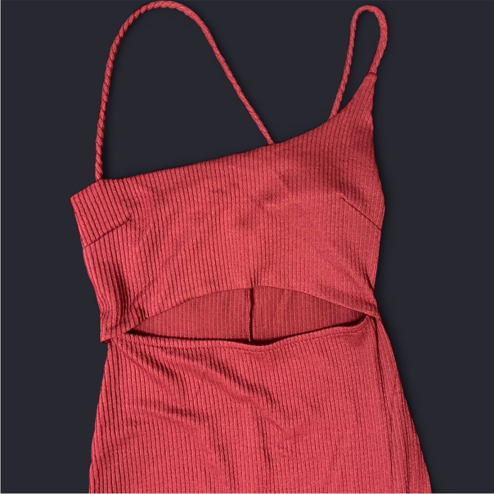 Rose Red Ribbed Cutout Dress